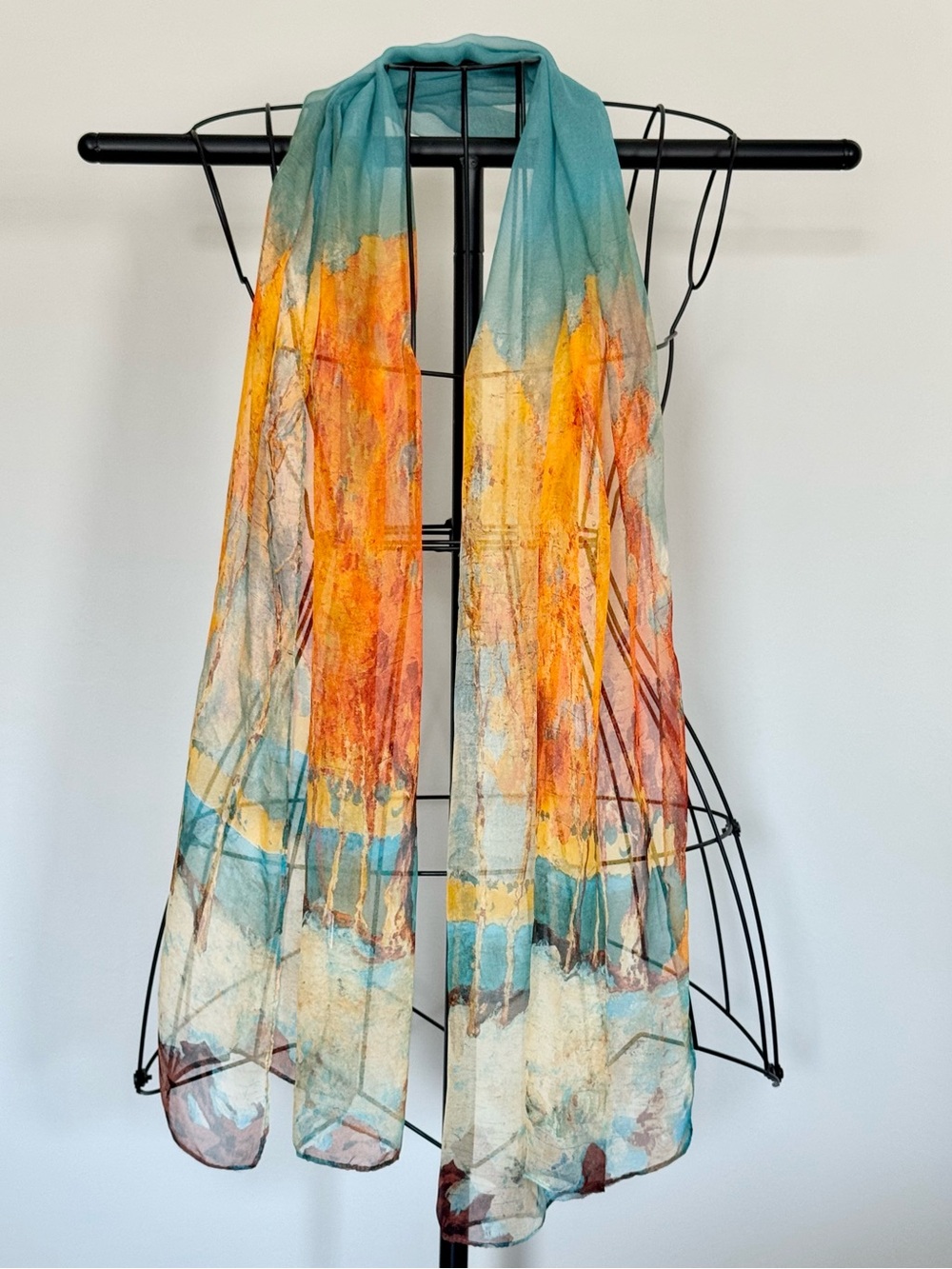 New Orange & Aqua Abstract Fall Autumn Trees Airy Lightweight Scarf 62”x19”